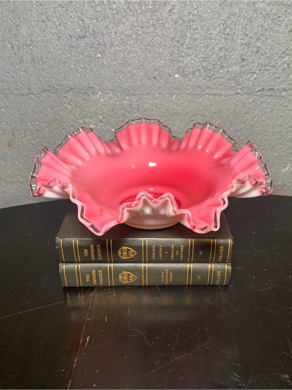 Fenton Pink Art Glass Ruffled Bowl with Silvercrest